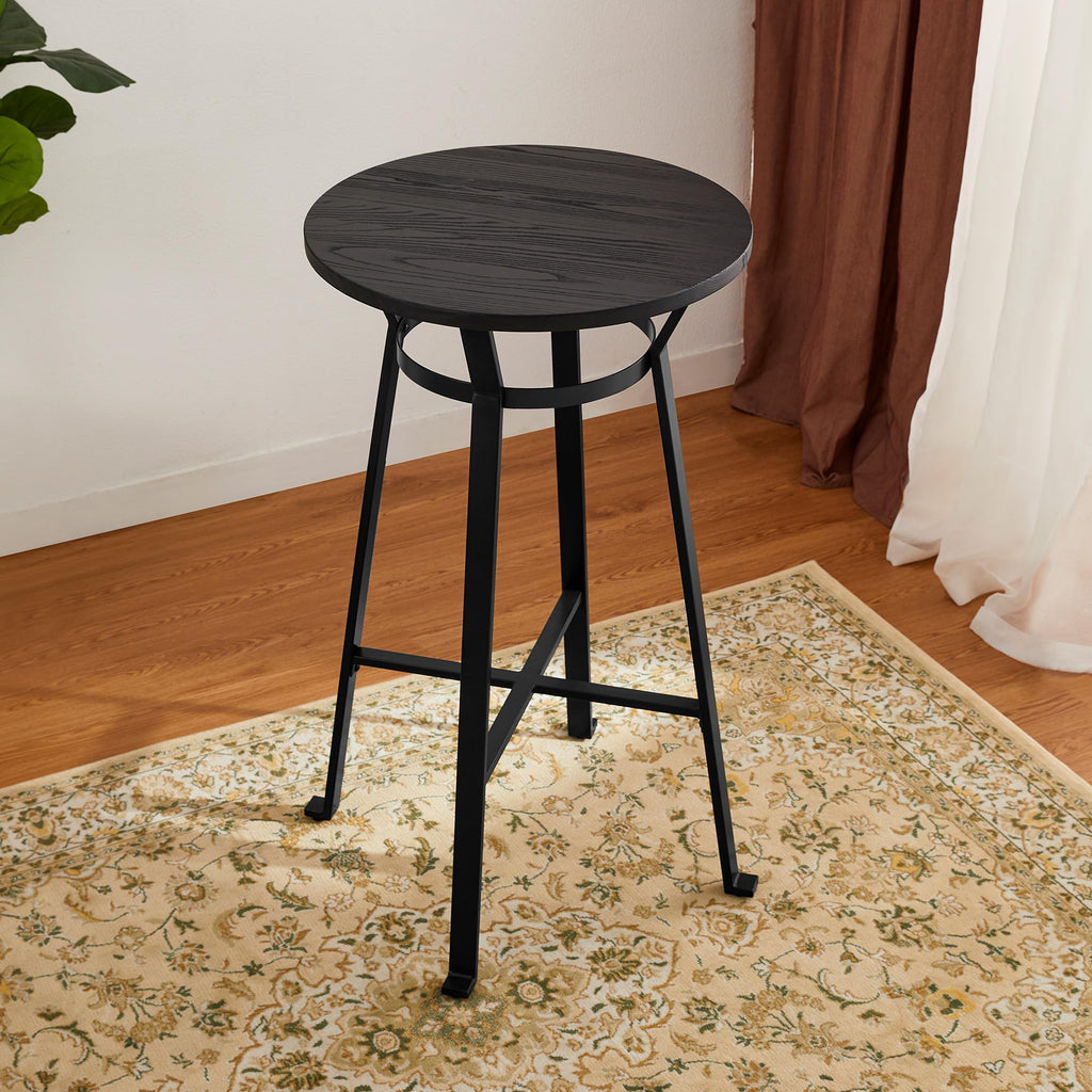 Bar Table and Chairs Set, Round Black Steel Pub Table with Soild Elm Wood Top and Bar Height Adjustable Swivel PU