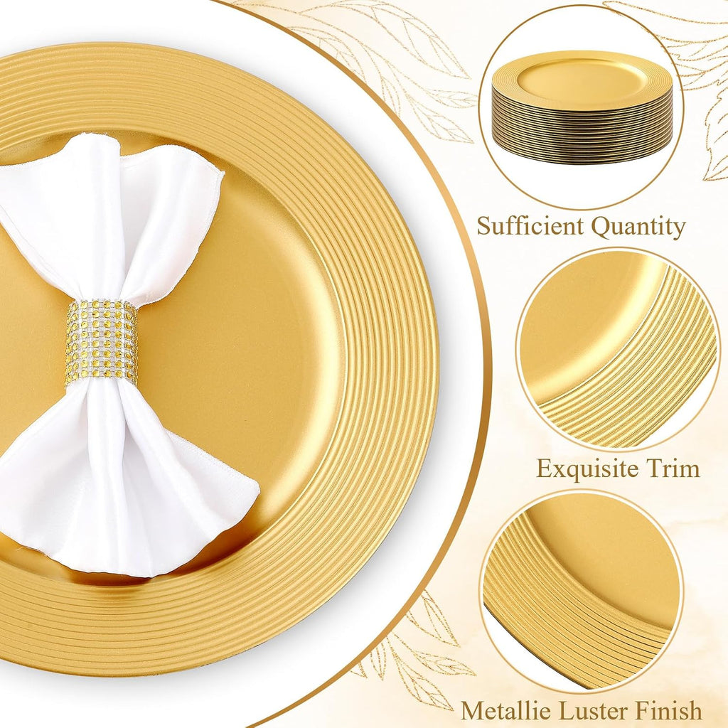 Gold Charger Plates Bulk 13 Inch Round Dinner Charger with Ring Pattern Reusable Plastic Wedding Elegant Plate - Set of 50