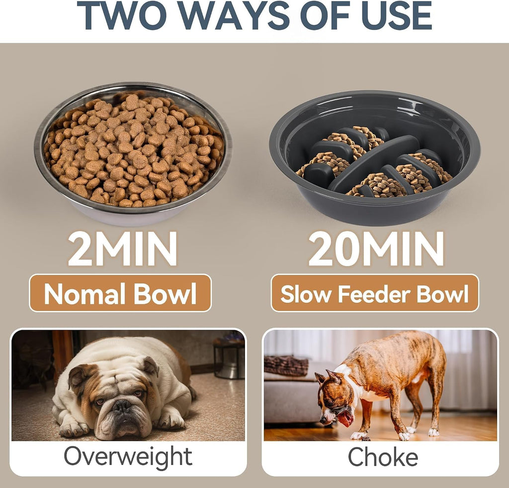 Elevated Dog Bowls, Raised Dog Bowl with Slow Feeder Bowl & Stainless Steel Bowls, 5 Heights Adjustable Dog Feeding