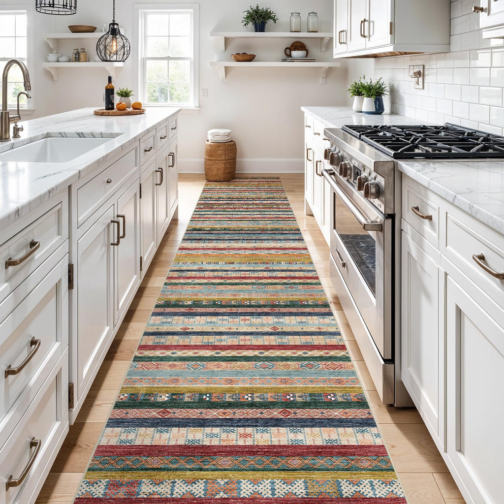 Washable Hallway Runner Rug - Non-Slip Boho Rugs Colorful Stripe