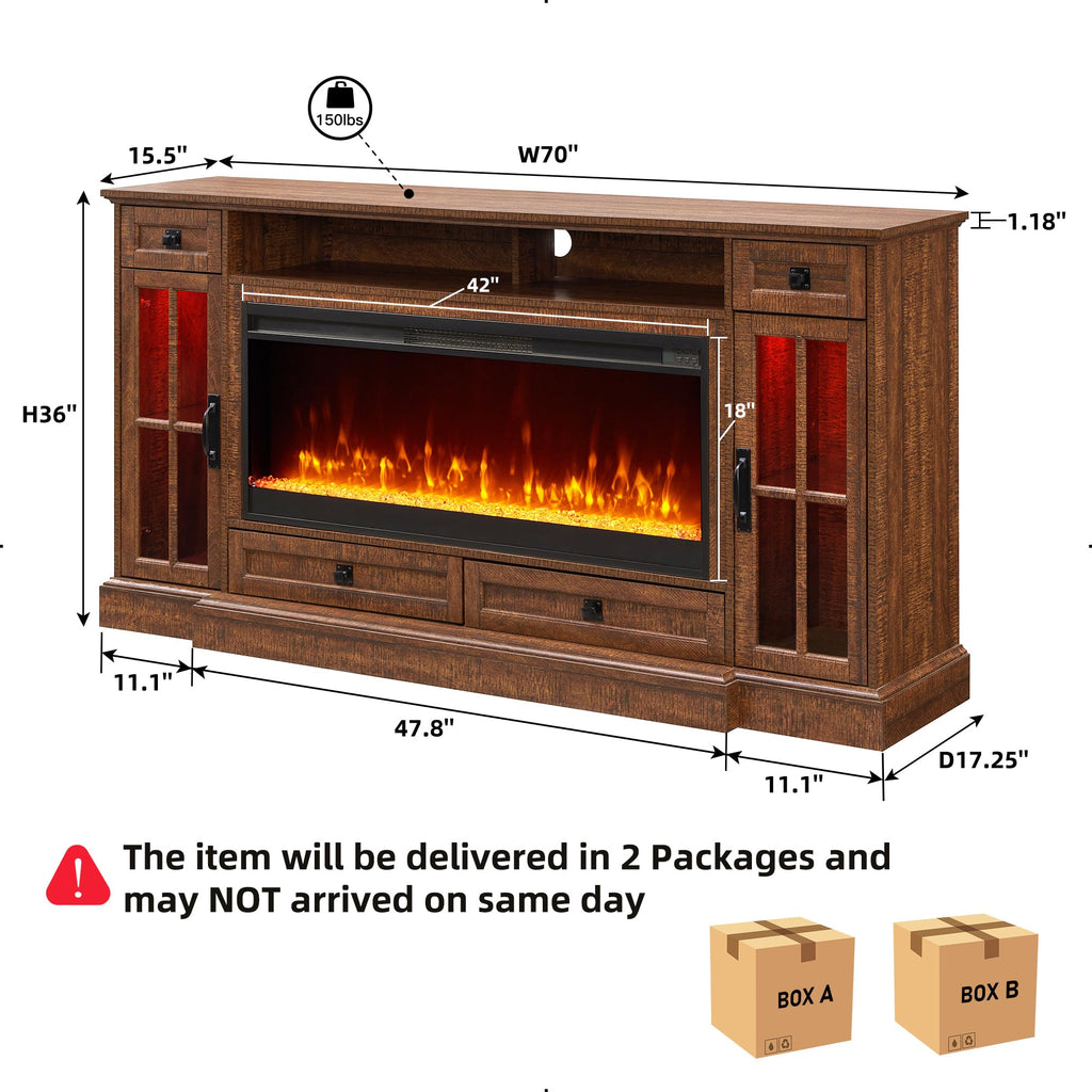 70" Farmhouse Fireplace TV Stand for 80 Inch TV, Reclaimed Barnwood