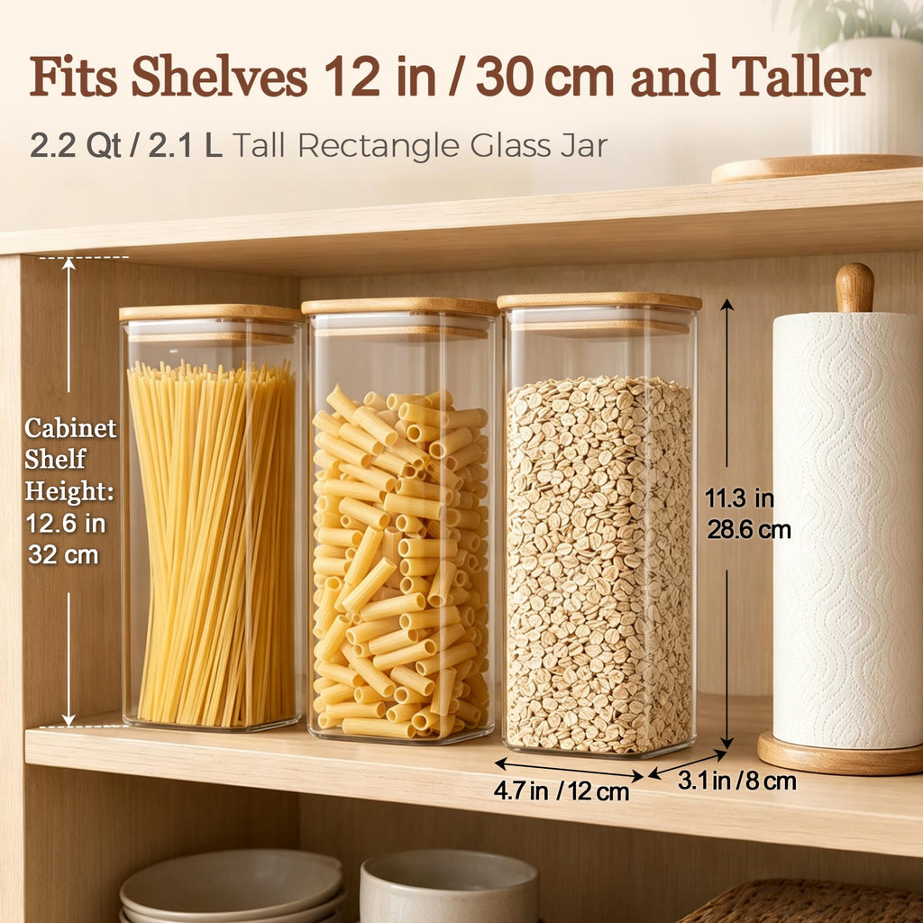 Pasta Containers Storage 2.2 Qt, Set of 3 Tall Glass Spaghetti Jar