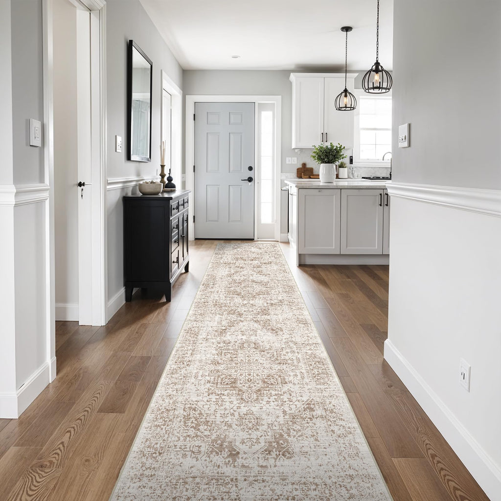2'6"x14 Washable Long Runner Rug: Vintage Non Slip Hallway Rug IvoryBeige