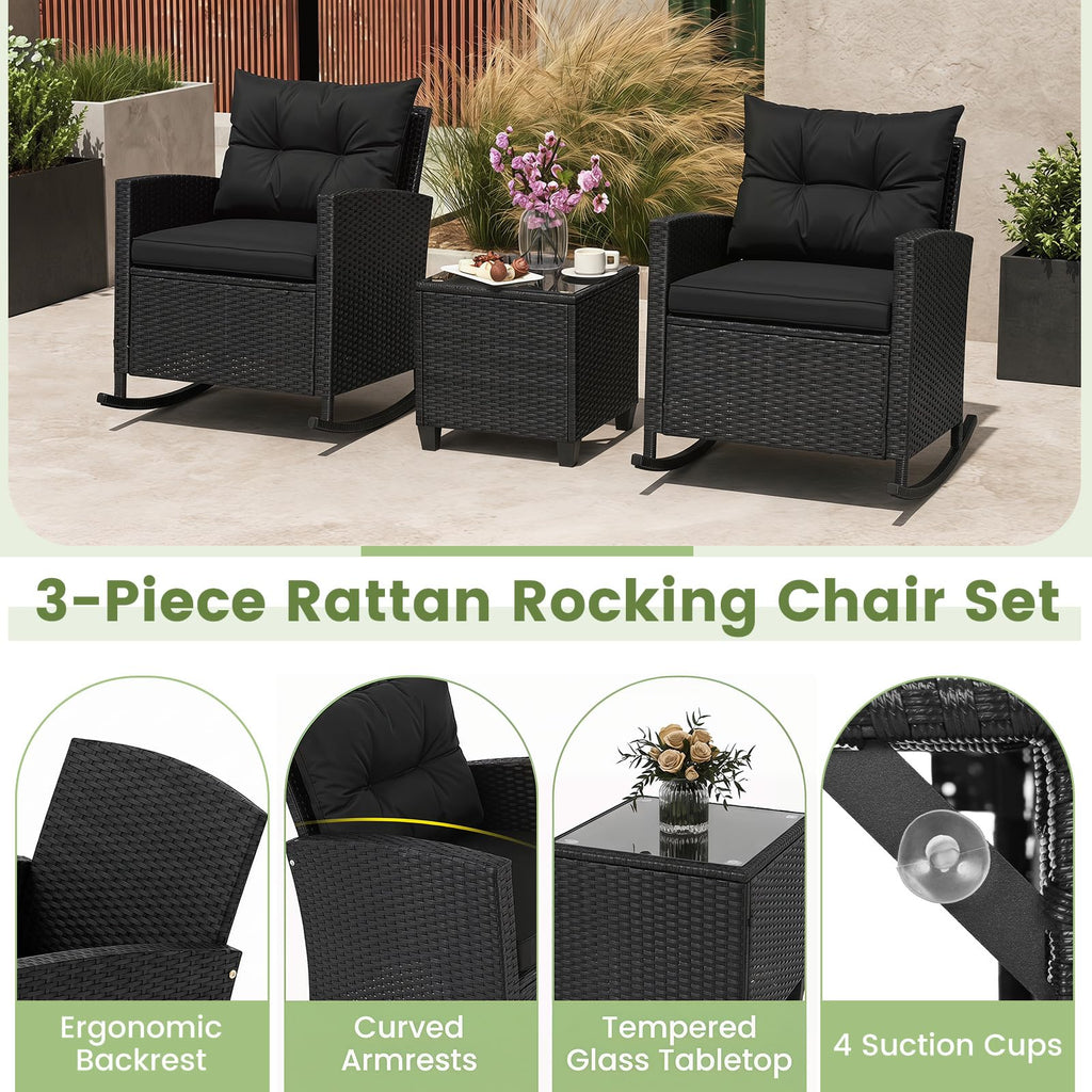 3 Piece Wicker Outdoor Rocking Chairs Set (Black)