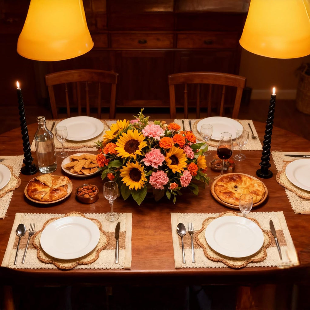 Sunflower Rattan Placemat Set, Woven Boho Table Mats, Natural - Set of 6