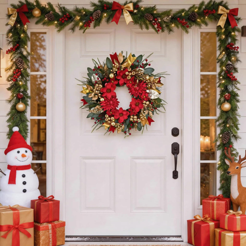 24 Inch Red & Gold Christmas Wreath for Front Door with Velvet Ribbon
