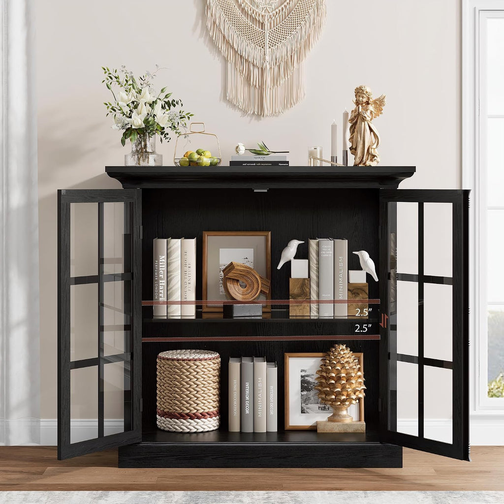 Modern 43" Display Cabinet, Vintage Curio Cabinet with LED Light and Wine Glass Holder, Farmhouse Wine Bar Cabinet