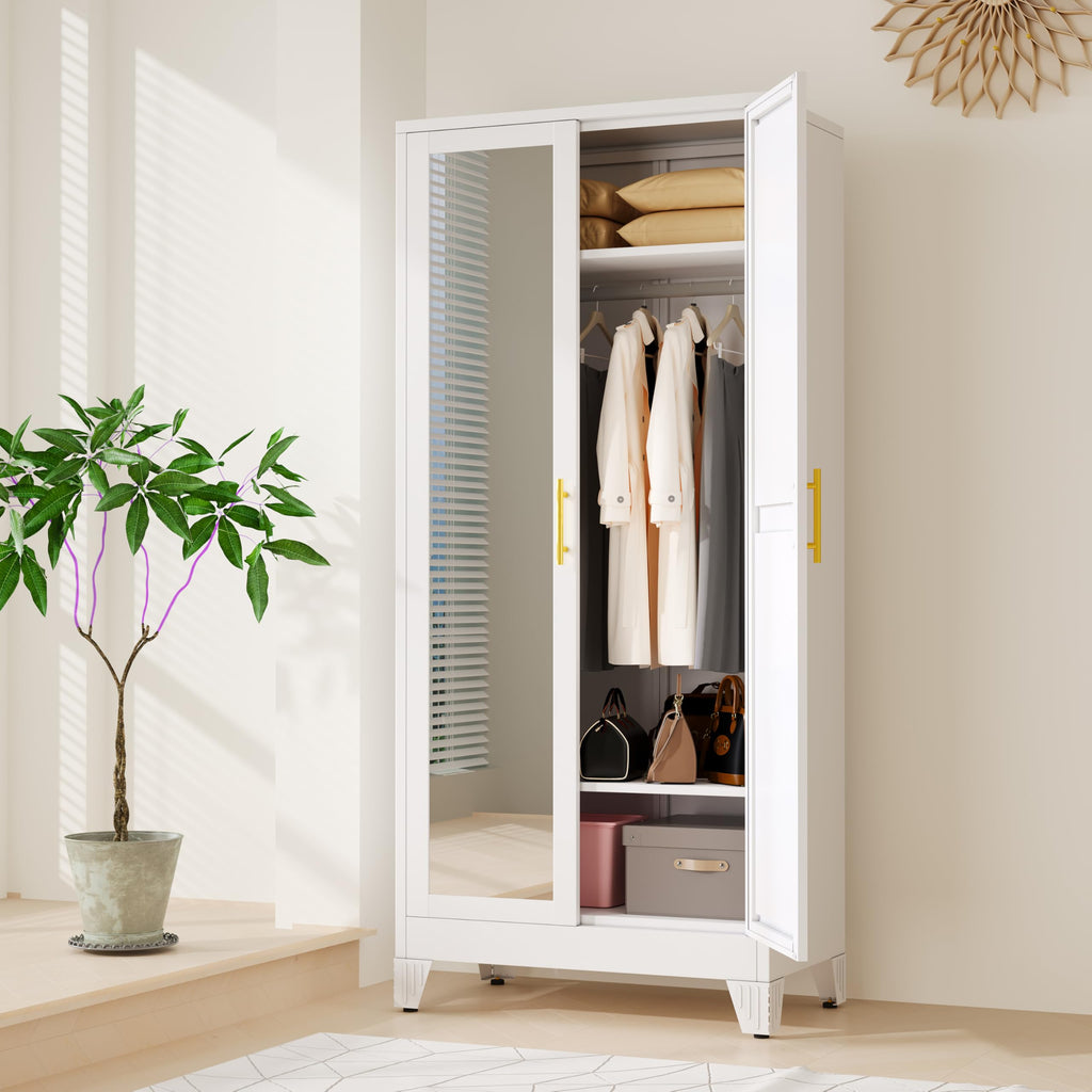 71" H Metal Armoire Wardrobe Closet with Mirror, Adjustable Shelve, Clothes Drying Pole, Steel Wardrobe Cabinet