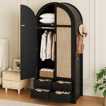 Armoire Wardrobe Closet with 4 Drawers - Wood Bedroom Armoires and Wardrobes with Rattan Doors for Hanging Clothes