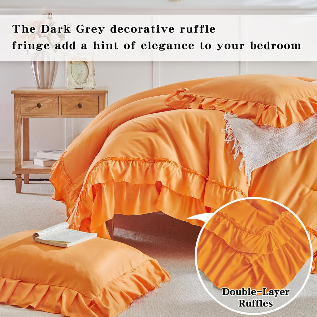 Orange Ruffle Comforter Set, 3 Pieces Vintage Farmhouse Shabby Chic Comforters, Solid Color Lightweight
