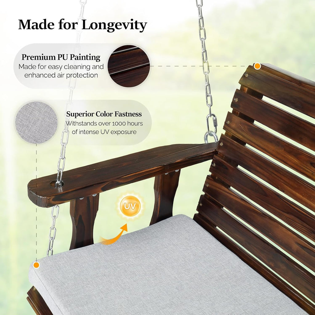 4 FT Heavy Duty Porch Swing with Cushion, 880 LBS Wooden, Rustic | Extra Cushion Included; Heavy-Duty Wood Frame;