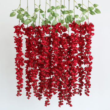 6Pcs Red Wisteria Hanging Flowers 48" Silk Wisteria Artificial Flowers Garland Vines Fake Hanging Flowers Decoration