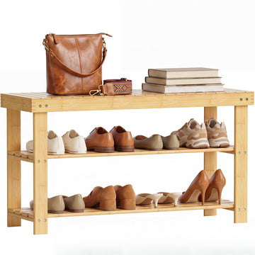 Bamboo Shoe Rack Bench, 3-Tier Shoe Organizer Storage Shelf Hallway Bathroom Living Room (Natural)