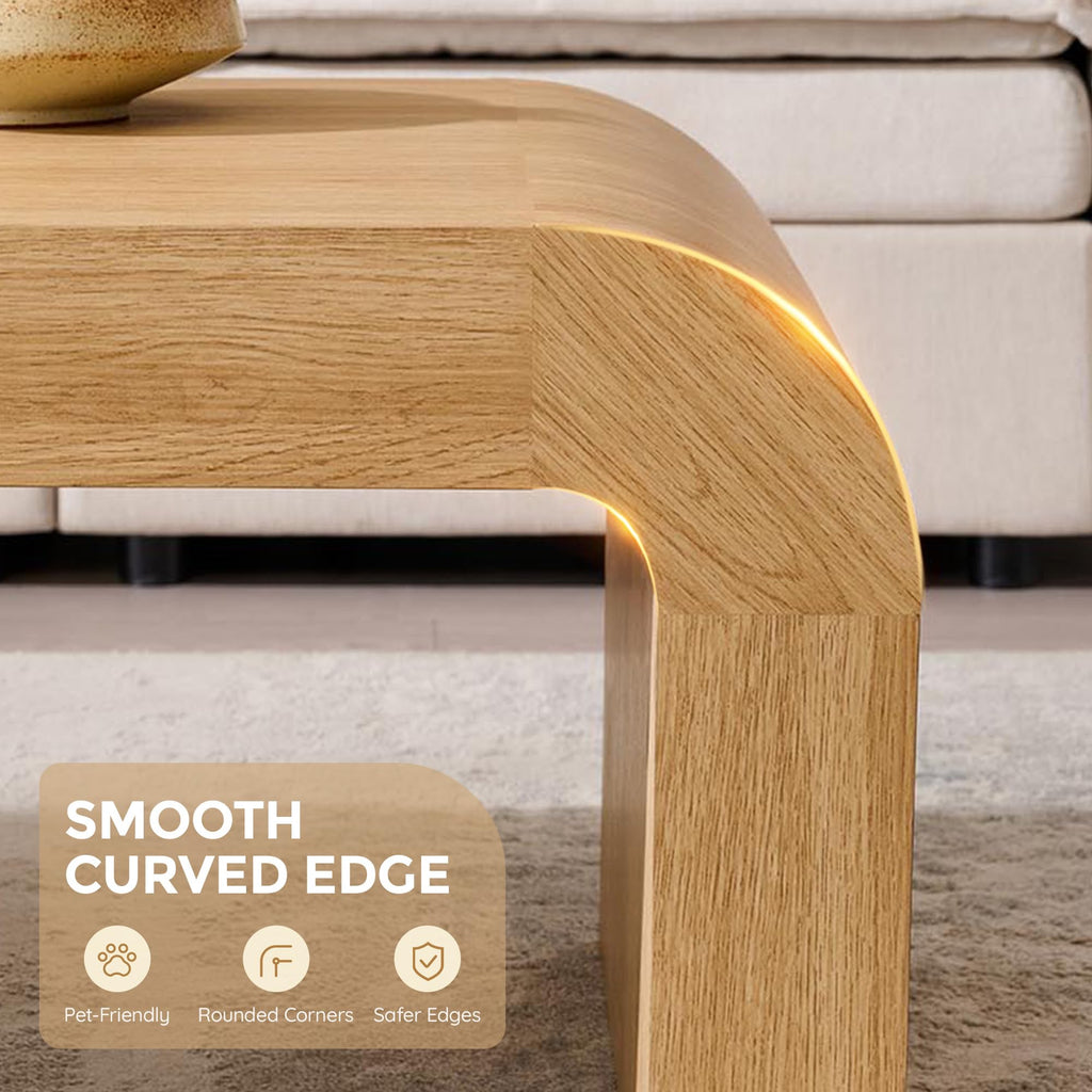 48" Modern Coffee Table, Wooden Curved Center Table, Natural Oak