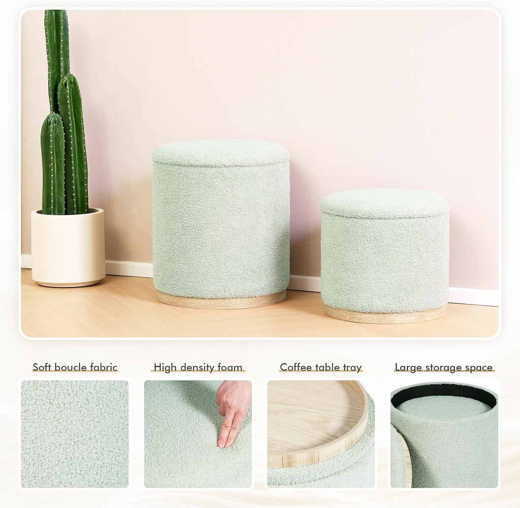 Round Ottoman with Storage Set of 2, Storage Ottoman with Tray, Teddy Velvet Ottoman Storage Modern Multifunctional