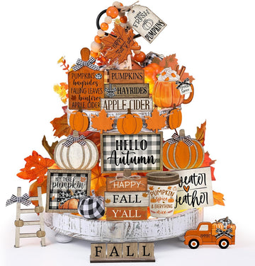 Fall Tiered Tray Decor Set Hello Autumn Table Sign Thanksgiving Farmhouse Pumpkins Maple Leaves Table - Set of 21