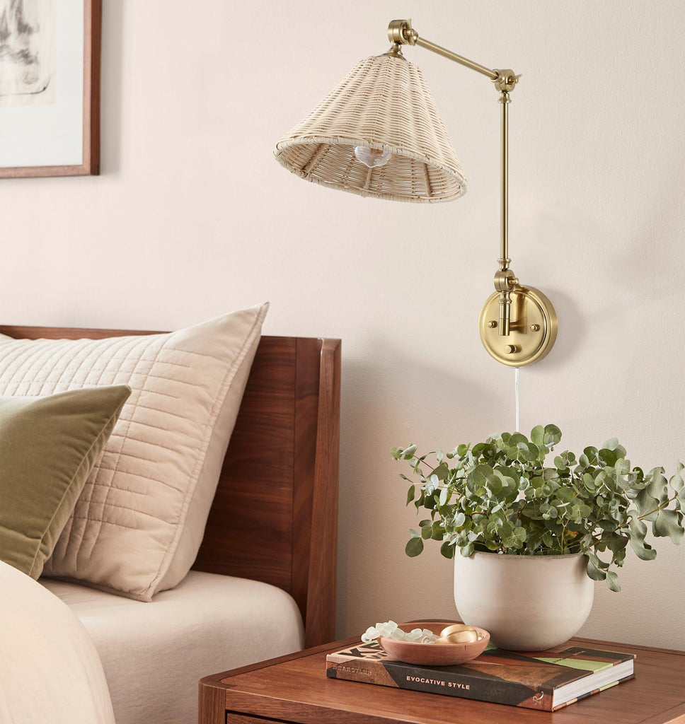 Wall Sconce Rattan Wrapped Wall Lamp, Large Lampshade, Adjustable Swing Arm Wall Light Gold Vintage Bedside Light