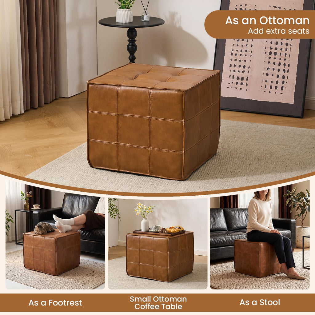 Square Genuine Leather Pouf Ottoman, No-Assembly Modern Footrest (Tan)