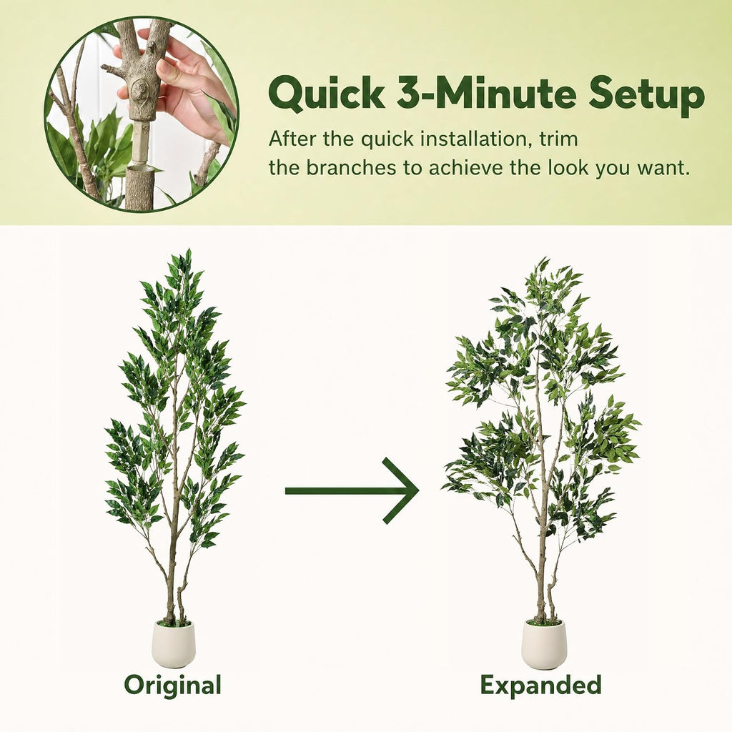 6FT Artificial Ficus Tree, Large Faux Fig Tree with Realistic Silk Leaves & Natural Wood Trunk, White Planter