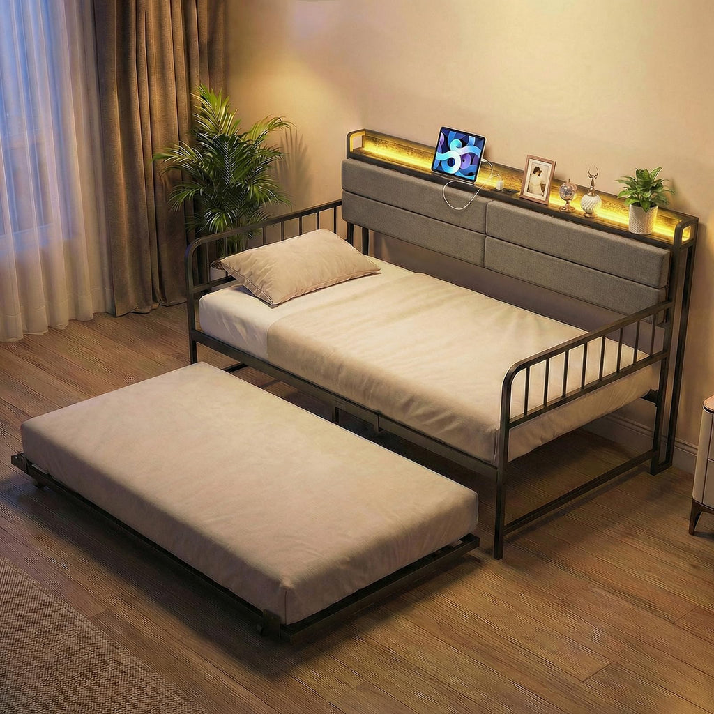 Twin Size Daybed with Trundle & LED Light, Metal Bed Frame with Upholstered Storage Headboard & Charging Station