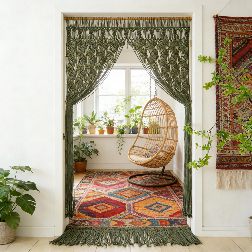 Green Leaf Tassels Macramé Curtain Macrame Wall Hanging Boho Wedding Arch Chic Macrame Valance 33.5'' W x78.7''L