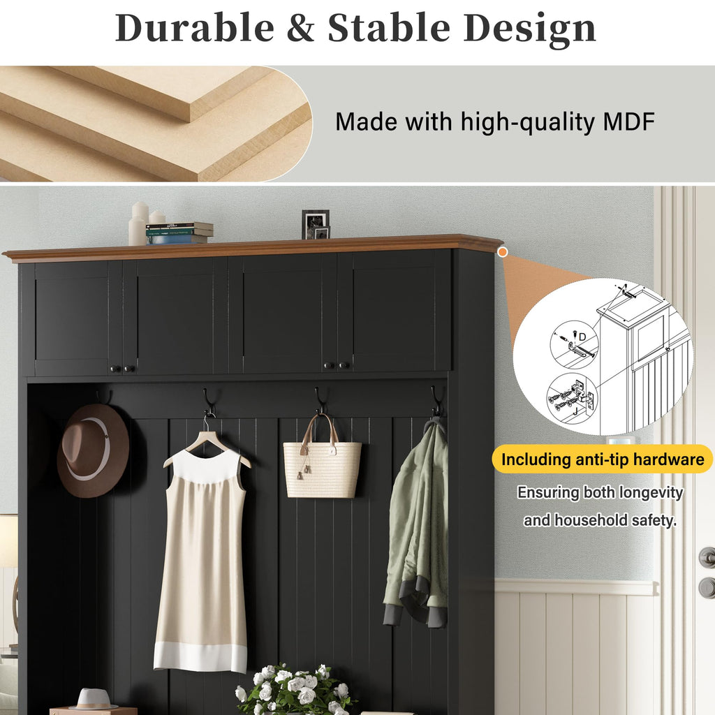 Wood Rustic 59''W Hall Tree Entryway Bench with 4 Hooks and Cabinets, Farmhouse Mudroom Versatile Coat Racks with