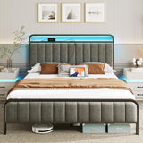 Full Bed Frame with LED Light and Charging Station, Upholstered Headboard and Footboard, Metal Slat, Noise Free