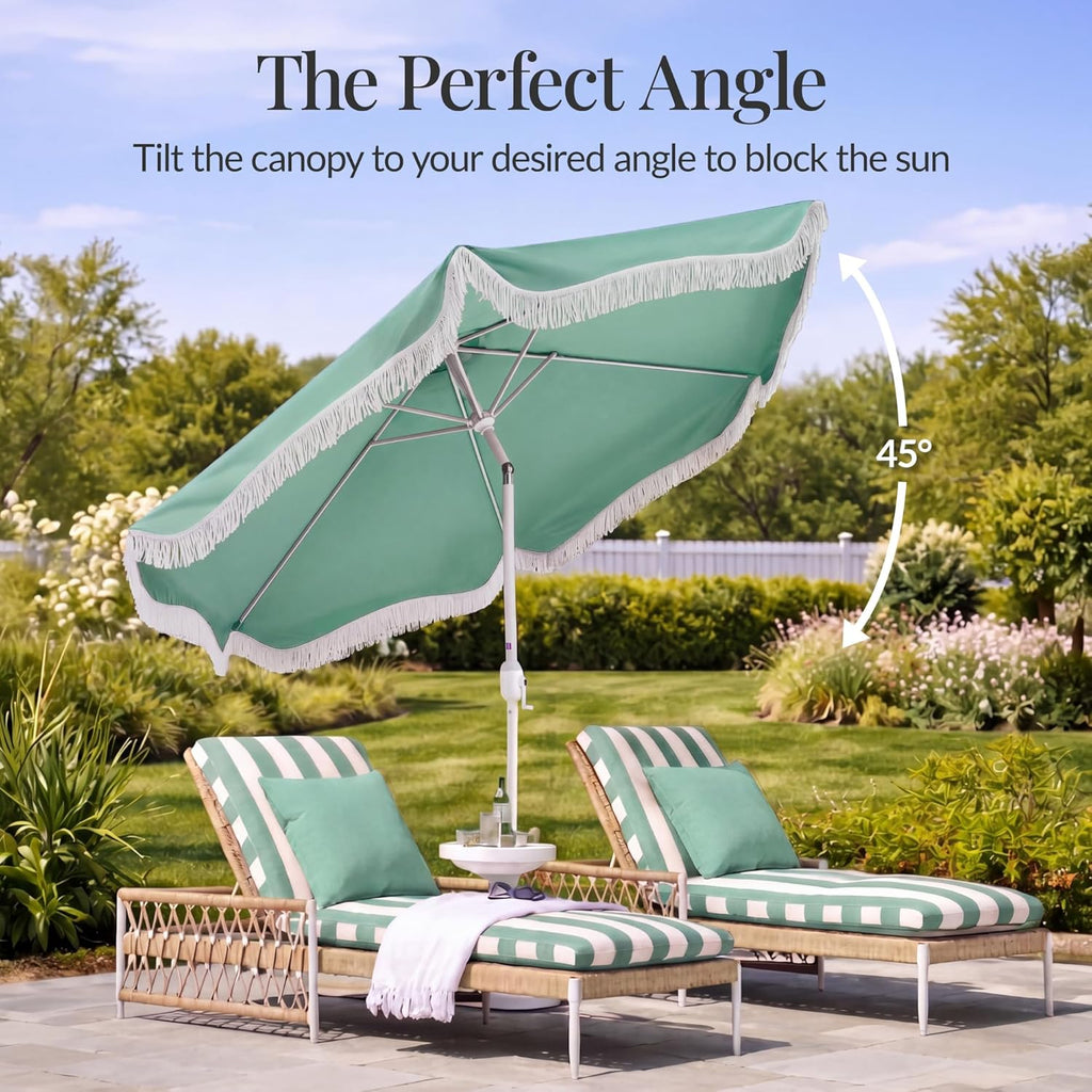 9ft Fringe Market Patio Umbrella - Outdoor Boho Tassel Sunshade for Table, Pool, Deck, Backyard - Seaglass