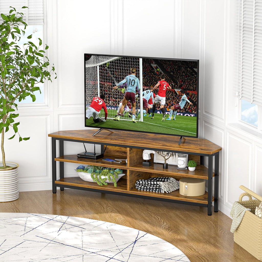 55'' Corner TV Stand with Power Outlet, Corner Entertainment Center TV Console Table with 4 Open Storage Shelves