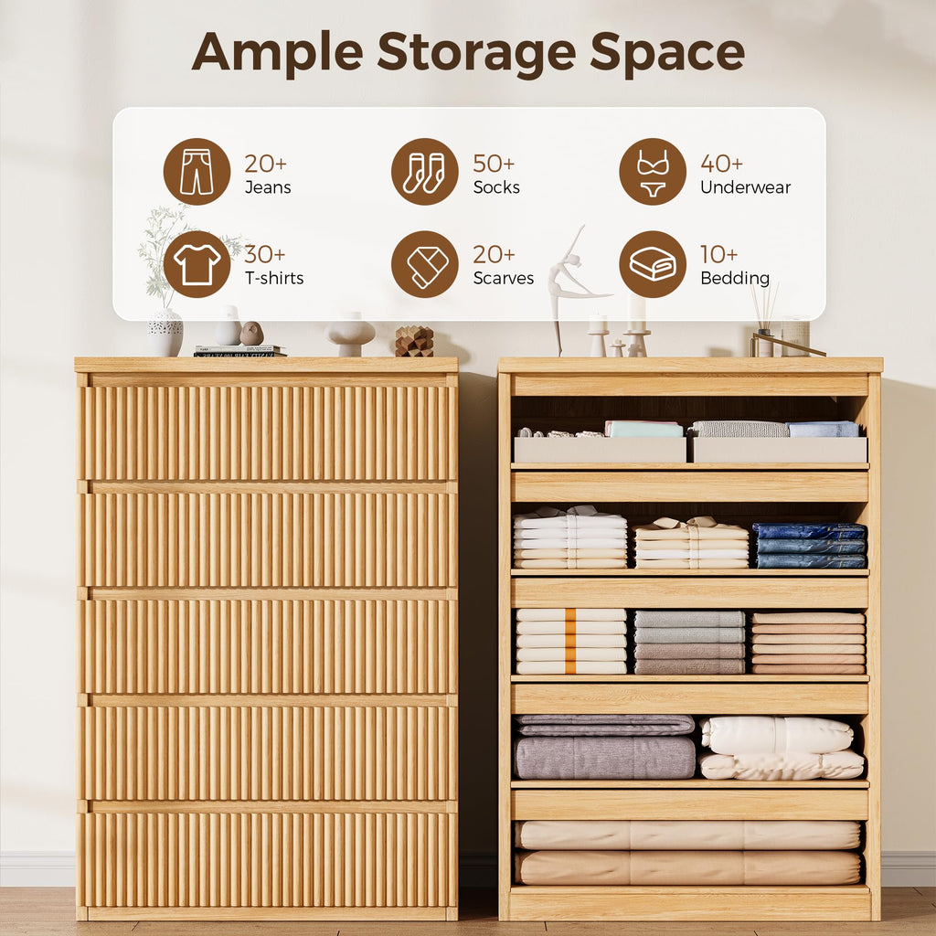 Fluted 5 Drawer Dresser, 43" Tall Dresser, Modern Fluted Chest of Drawers, Handle-Free/Floor-Mounted Wood Drawer