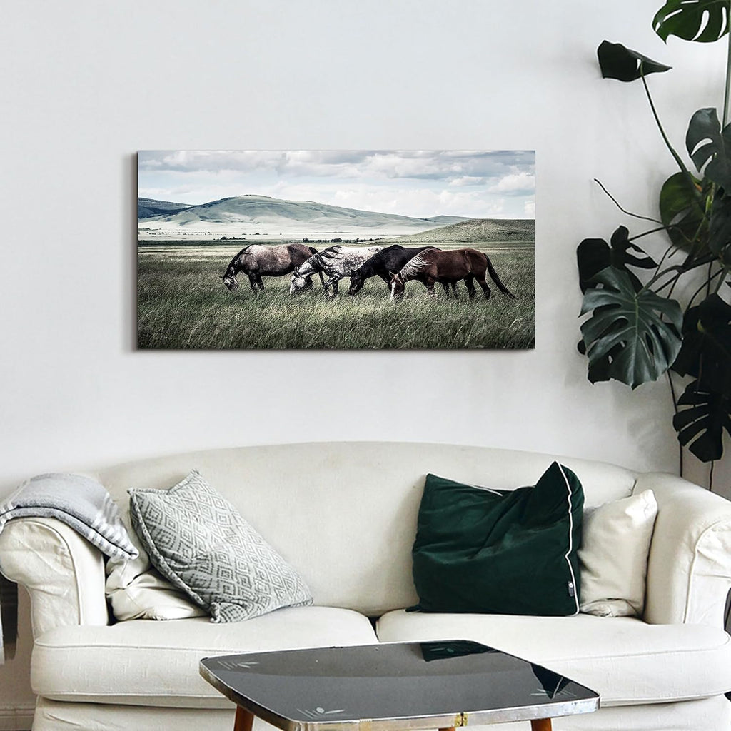Rustic Horse Canvas Wall Art: Farmhouse Horses Picture Vintage Wild Animal Grazing on Grass Painting Print Country