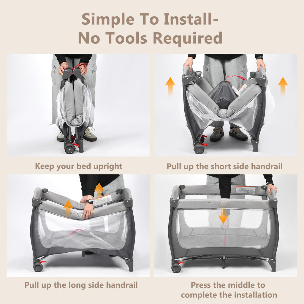 4 in 1 Portable Play Yard, Baby Playard w/Bassinet, Grey