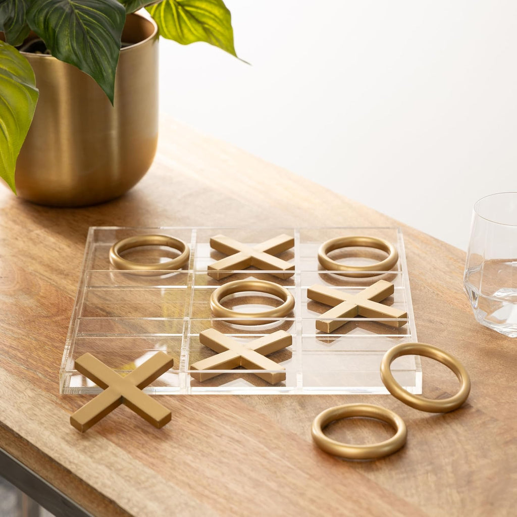 Metal Tic Tac Toe Game Set with Gold Pieces, 12" x 1" x 12", Gold