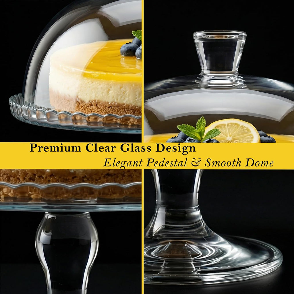 Glass Cake Stand with Dome, Clear Glass Cake Plate, Multifunctional Serving Stand, Elegant Dessert Display for Cakes