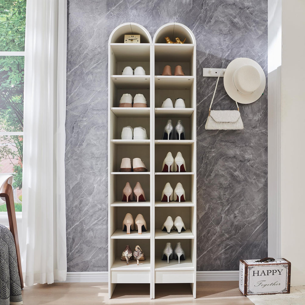 67" Tall Arched Shoe Storage Cabinet, 8 Tiers Shoe Rack-Antique White