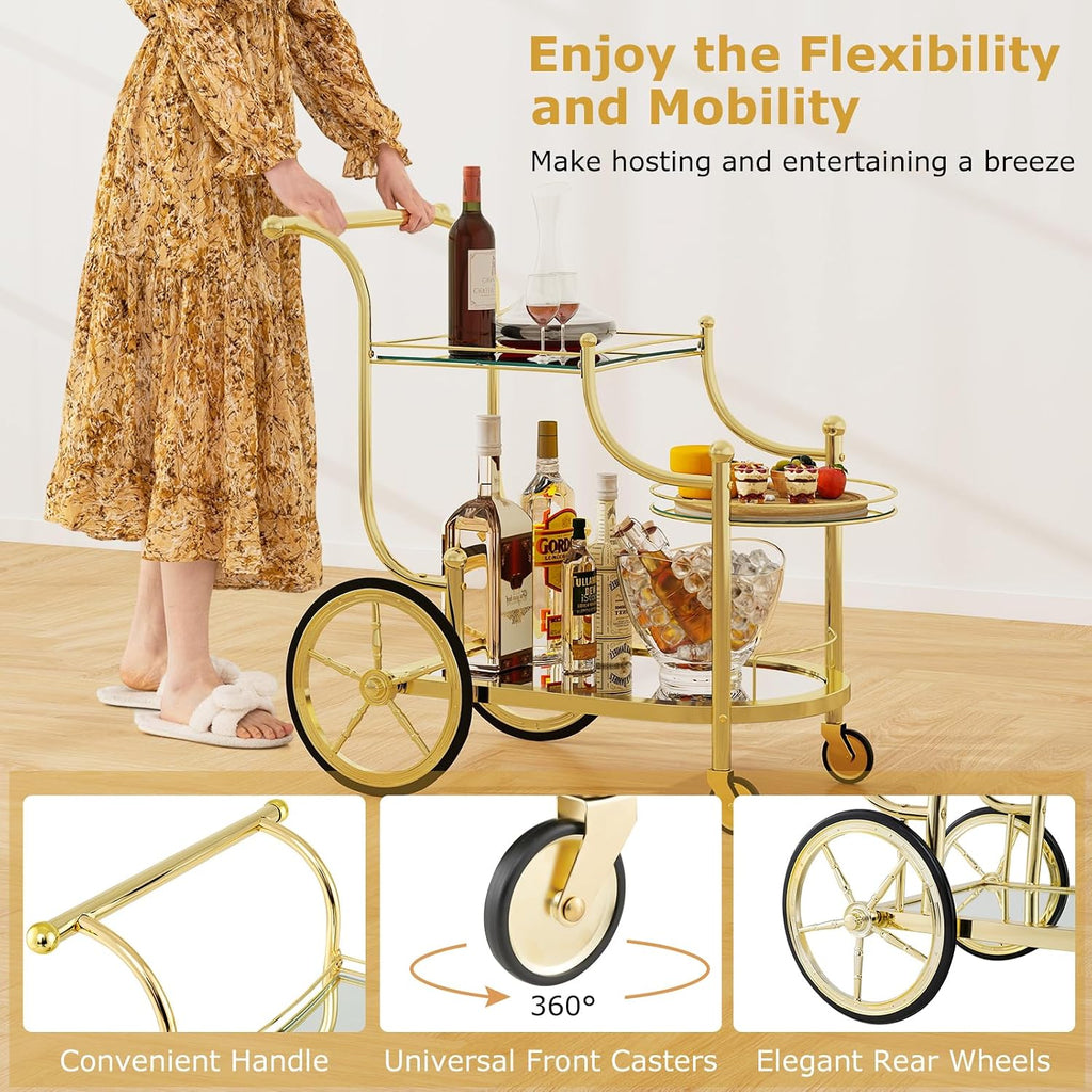 Bar Cart, 3-Tier Rolling Home Bar Serving Cart with Mirrored Shelves & 4 Wheels, Mobile Beverage & Wine Cart (Gold)