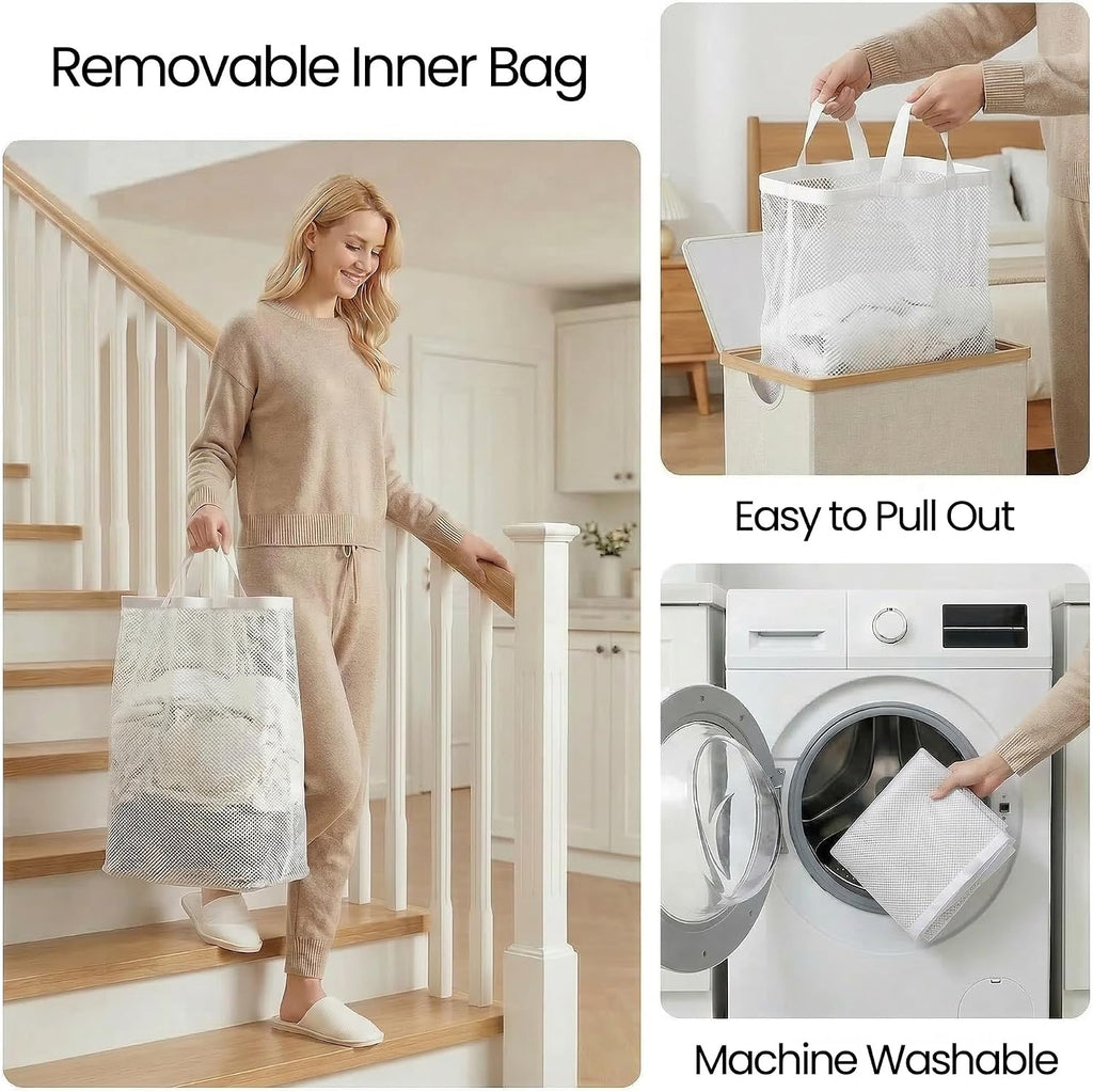Slim Laundry Basket with Lid, Narrow Laundry Hamper with Removable Bag, Skinny Dirty Clothes Basket with Bamboo