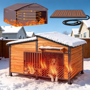 Extra Large Heated Dog House Outdoor with Iron Frame and Rotating Bowls