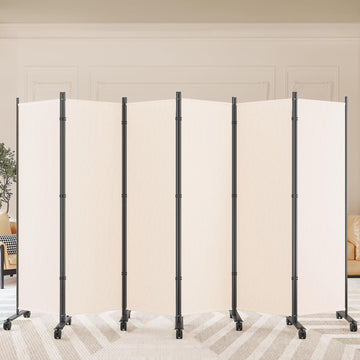 Room Divider Privacy Screens, 6 Panels Dividers with Wheels, Beige