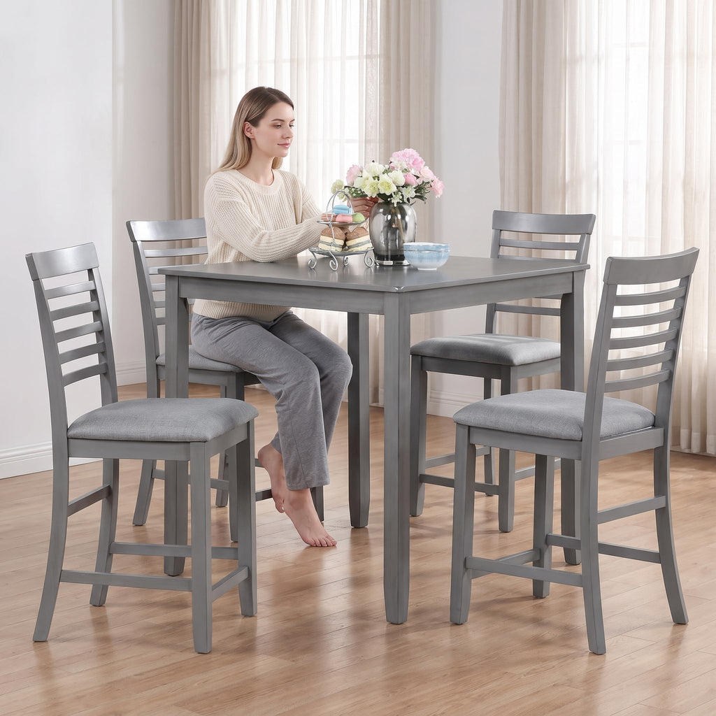 5 Piece Counter Height Dining Table Set, Farmhouse Wooden Dinner Table Set for 4, 34.5" Square Table & 4 Ladder Back