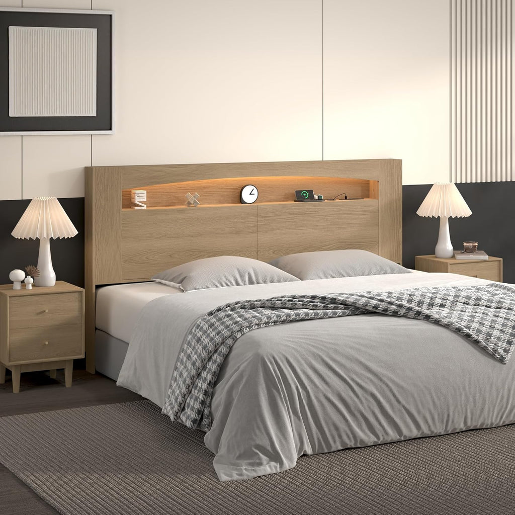 King Headboard Only Modern Sturdy Wooden Bed Backboard Wall Mounted Head Board, 3 Storage Zones, Unique Skirting