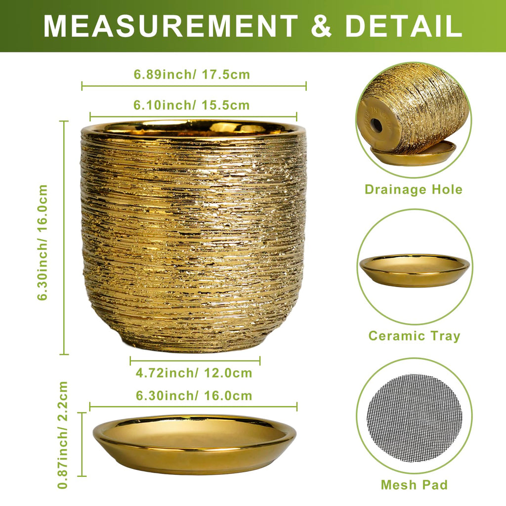 Ceramic Plant Pot 7 Inch, Ceramic Planter for Indoor Plants, Gold