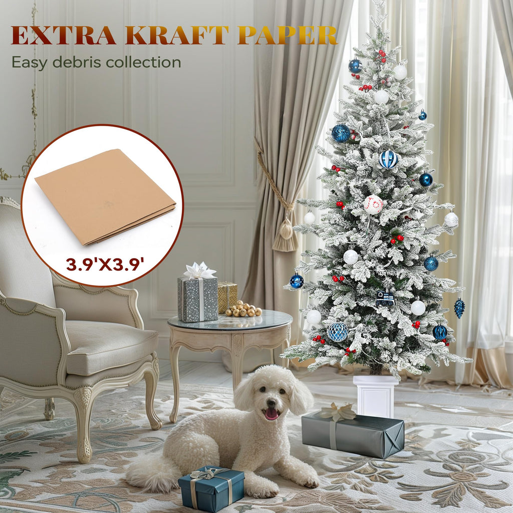 Potted Pre-Lit Flocked Arctic Fir Pencil Tree, 6 ft Slim Christmas Tree with 15 Pre-Decorated Red Berries, 520 PE &