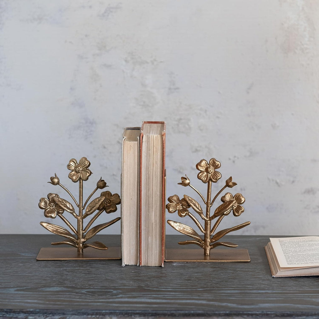 2-Piece Cast Metal Flower Bookends, Gold Finish
