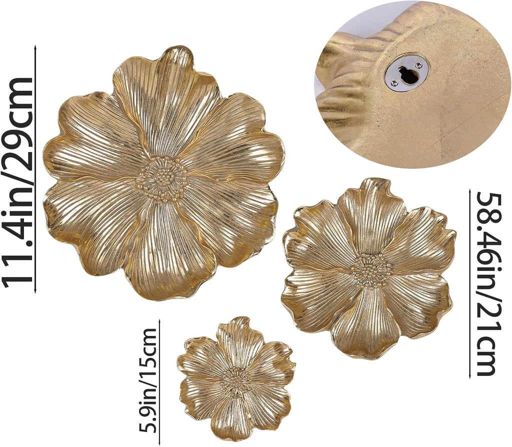 Gold Resin Floral Wall Art, Unique Wall Sculpture and Vintage Wall Décor, Perfect, Room, and Bathroom Wall - Set of 3