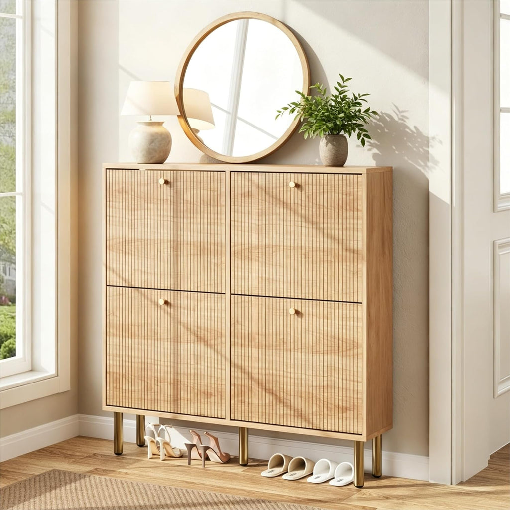 Shoe Storage Cabinet - Ultra Slim Shoe Cabinet with Tiered Fluted Design - Modern Shoe Organizer with Gold Legs