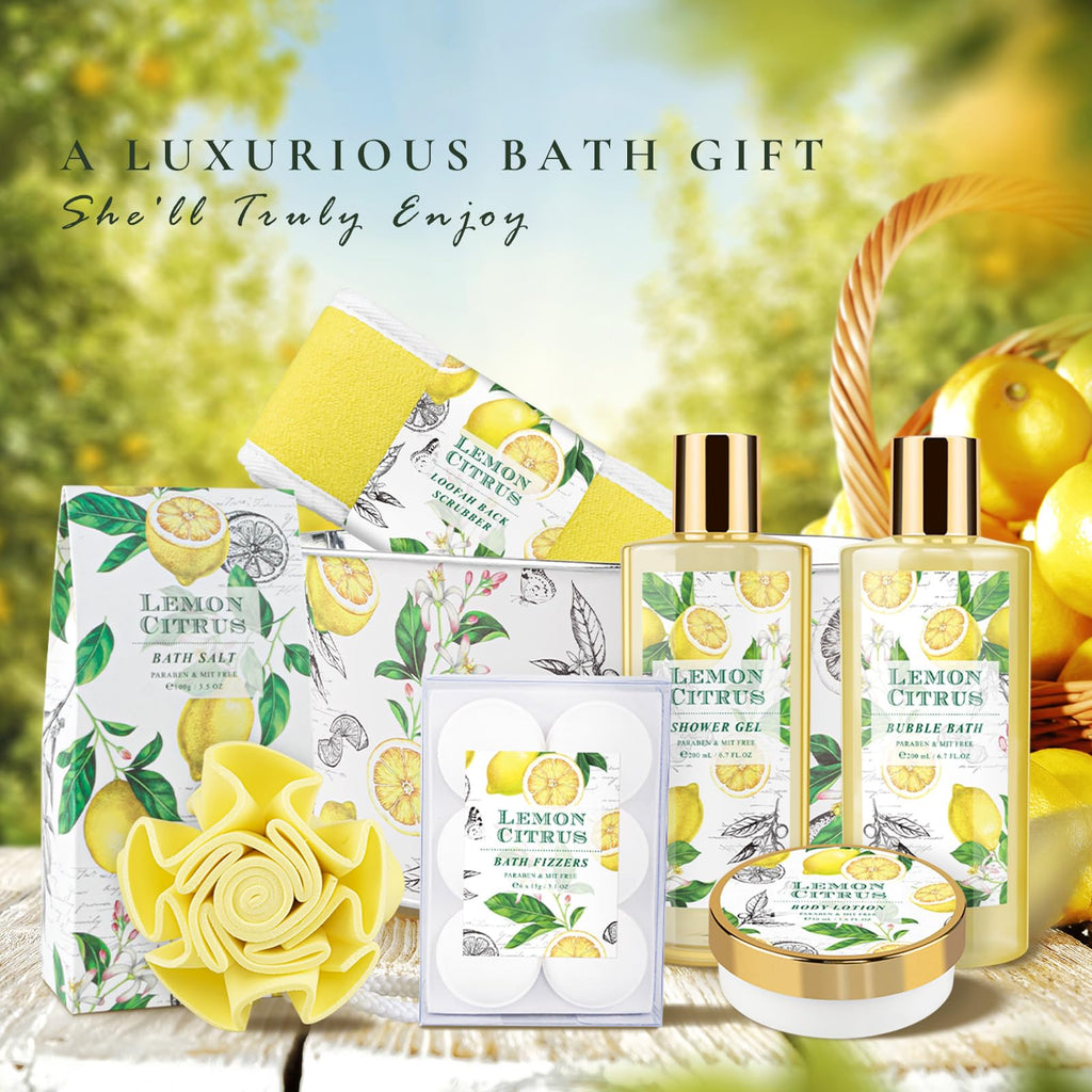 Lemon Bath Gift Set for Women, Spa Gift Basket & Self Care Birthday Gifts