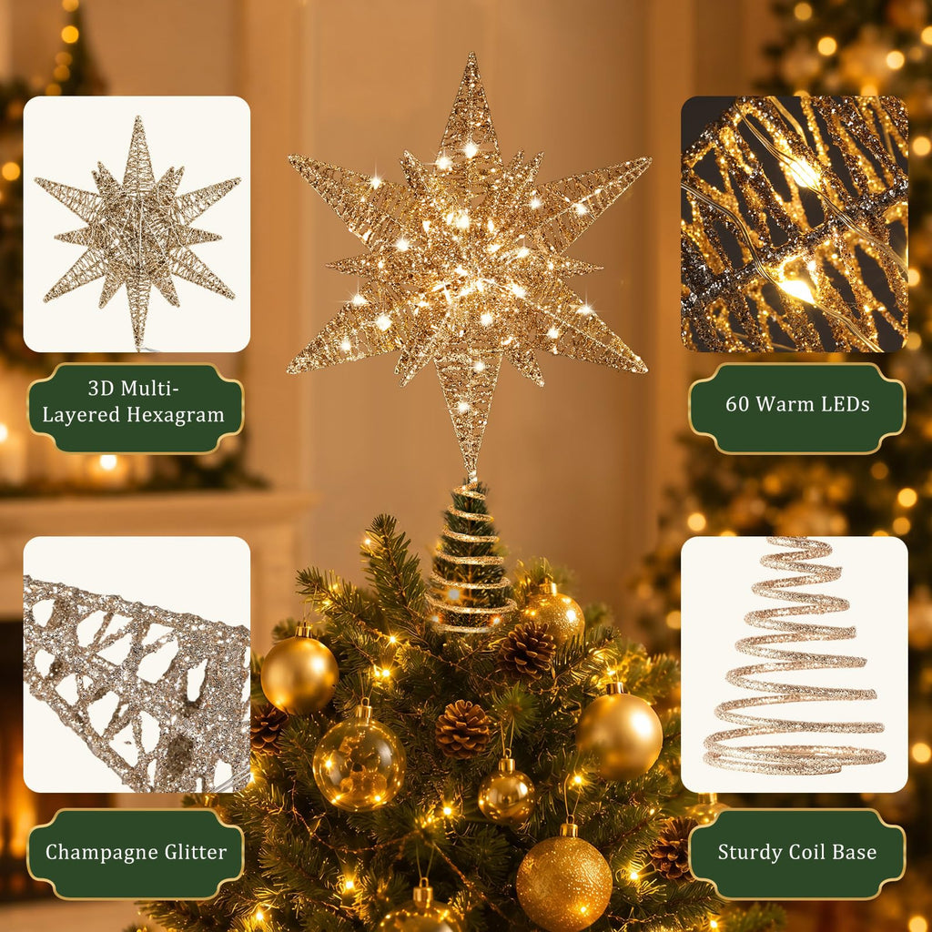 Christmas Tree Topper Star, 15" Lighted 3D Moravian Tree Star