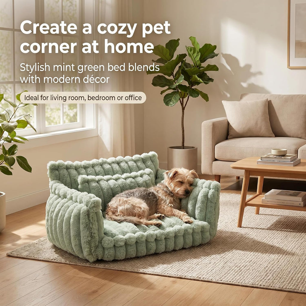 Fluffy Pet Couch Bed for Cats & Small Dogs, 3-Sided Bolster Calming Dog Sofa with Ultra-Soft Long Faux Fur, Removable