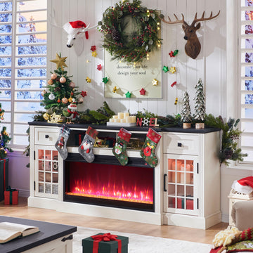 Farmhouse Fireplace TV Stand for 80Inch TV with Crystal Fireplace, White